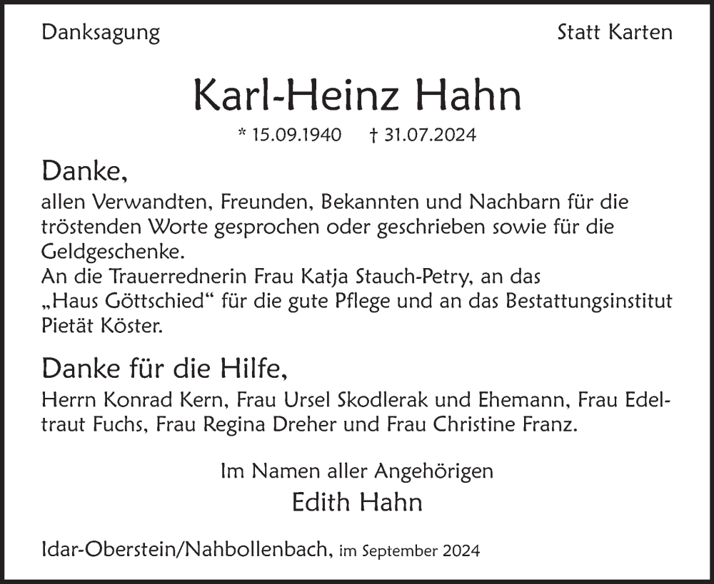  Traueranzeige für Karl-Heinz Hahn vom 14.09.2024 aus WochenSpiegel