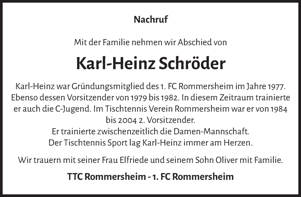  Traueranzeige für Karl-Heinz Schröder vom 21.06.2024 aus WochenSpiegel