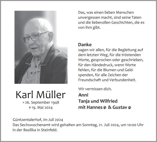 Traueranzeige von Karl Müller von WochenSpiegel