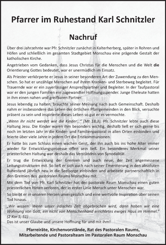 Traueranzeige von Karl Schnitzler von WochenSpiegel