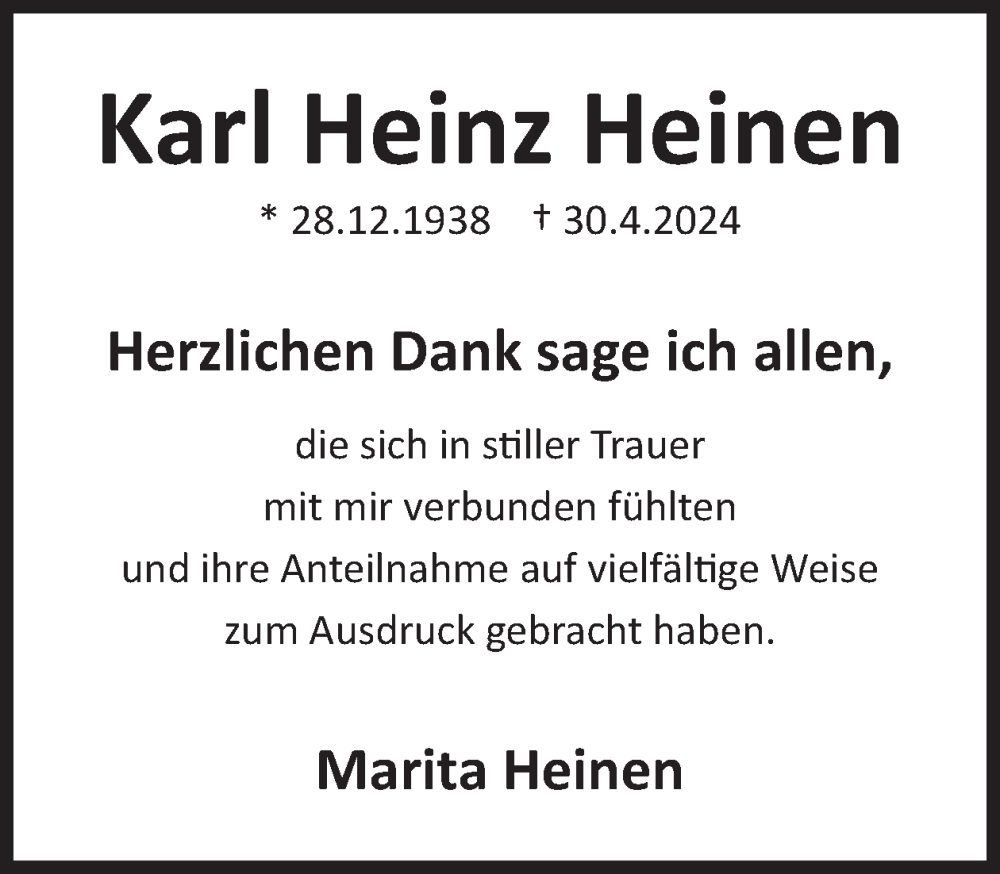  Traueranzeige für Karl Heinz Heinen vom 17.07.2024 aus WochenSpiegel