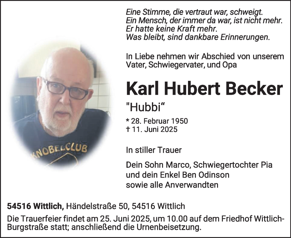  Traueranzeige für Karl Hubert Becker vom 20.06.2025 aus WochenSpiegel