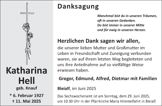 Traueranzeige von Katharina Hell von WochenSpiegel