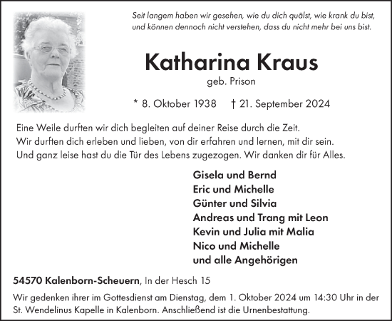Traueranzeige von Katharina Kraus von WochenSpiegel