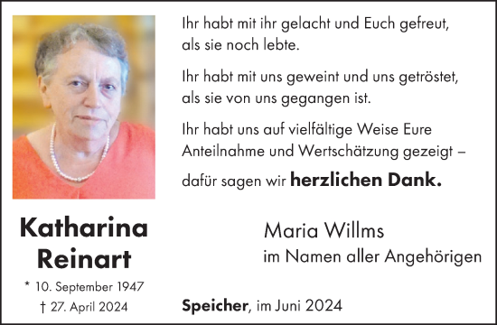 Traueranzeige von Katharina Reinart von WochenSpiegel