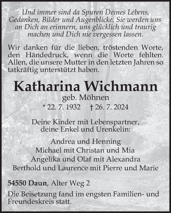 Traueranzeige von Katharina Wichmann von WochenSpiegel