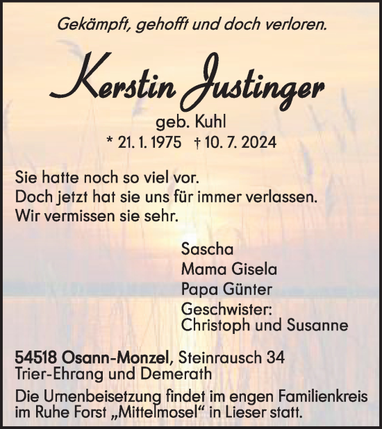 Traueranzeige von Kerstin Justinger von WochenSpiegel