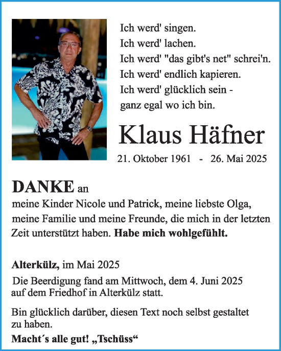 Traueranzeige von Klaus Häfner von WochenSpiegel
