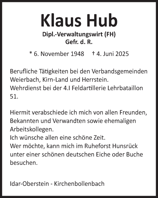 Traueranzeige von Klaus Hub von WochenSpiegel
