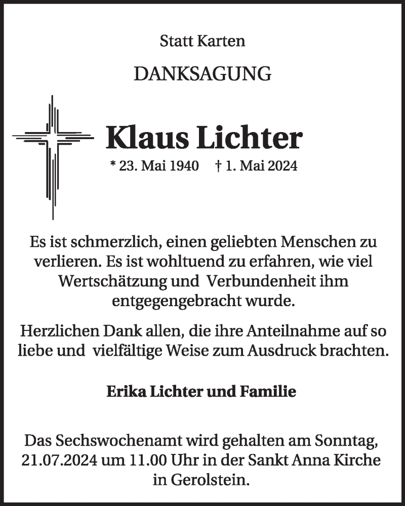  Traueranzeige für Klaus Lichter vom 28.06.2024 aus WochenSpiegel