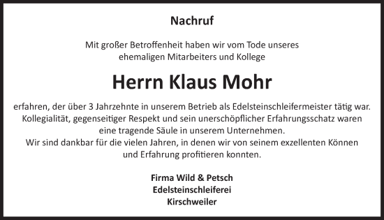 Traueranzeige von Klaus Mohr von WochenSpiegel