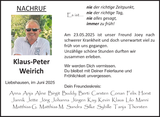 Traueranzeige von Klaus-Peter Weirich von WochenSpiegel