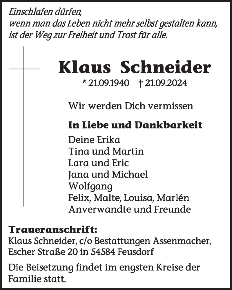  Traueranzeige für Klaus Schneider vom 28.09.2024 aus WochenSpiegel