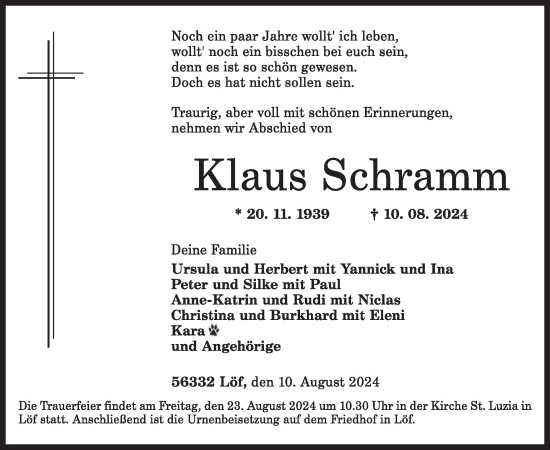 Traueranzeige von Klaus Schramm von WochenSpiegel
