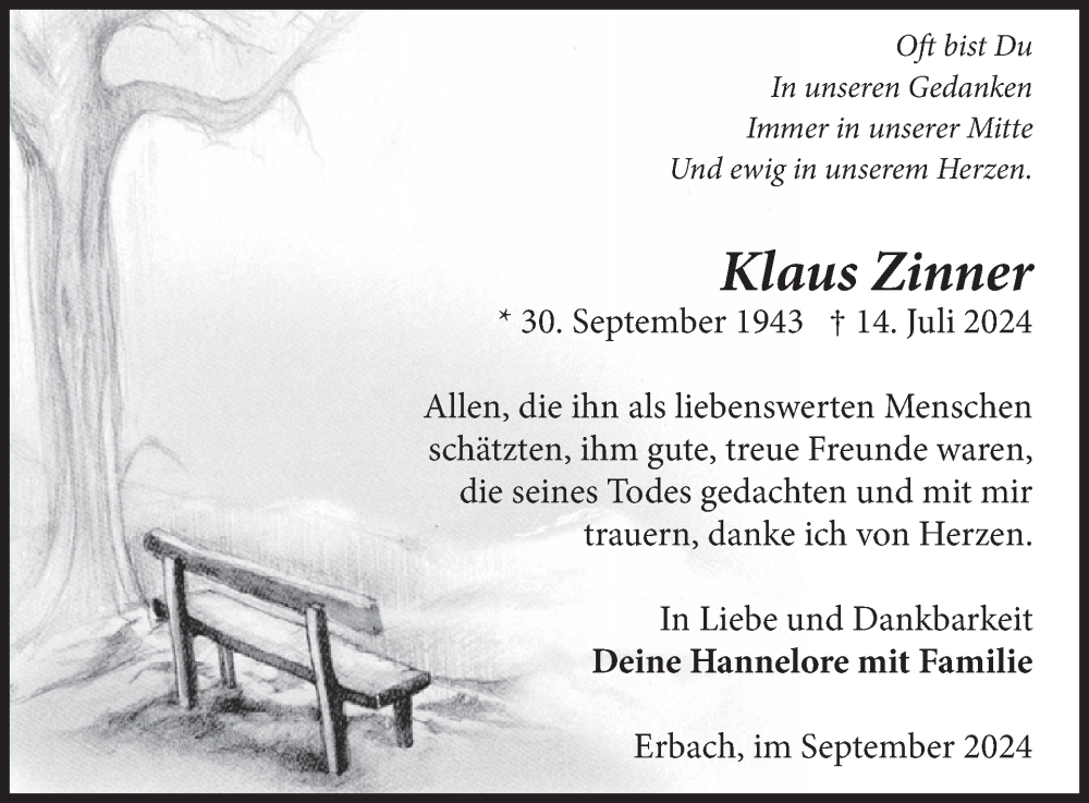  Traueranzeige für Klaus Zinner vom 28.09.2024 aus WochenSpiegel