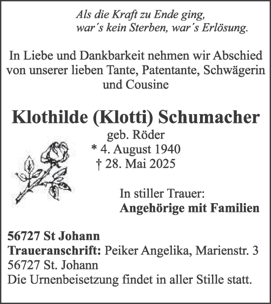 Traueranzeige von Klothilde Schumacher von WochenSpiegel