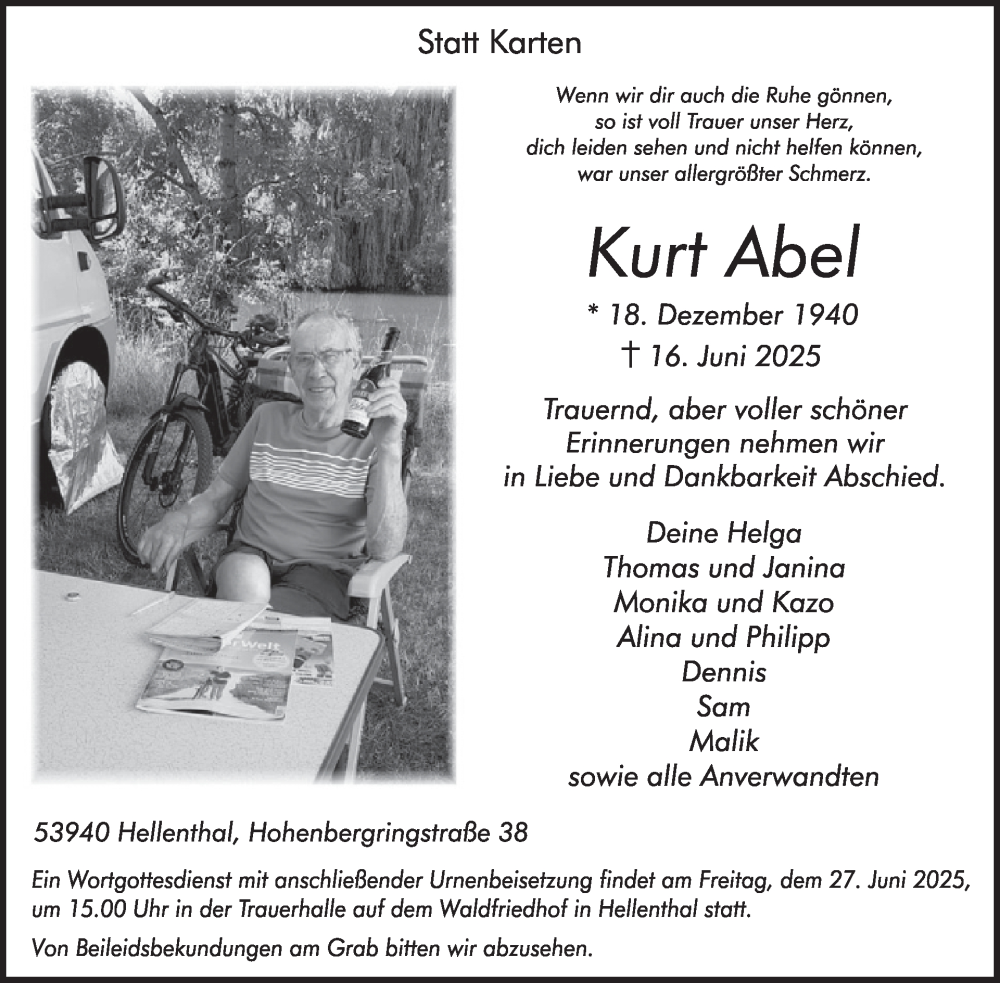  Traueranzeige für Kurt Abel vom 25.06.2025 aus WochenSpiegel