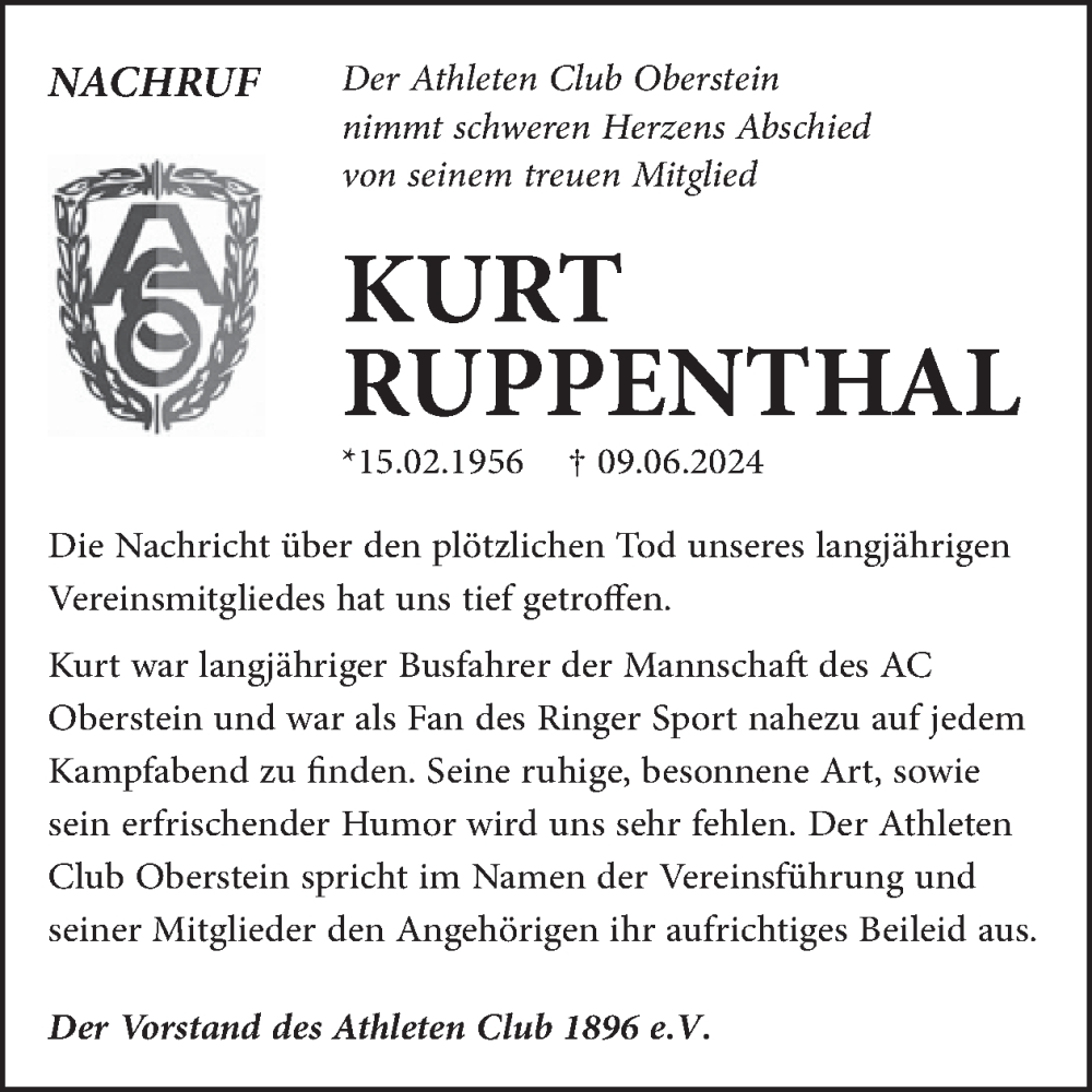  Traueranzeige für Kurt Ruppenthal vom 29.06.2024 aus WochenSpiegel