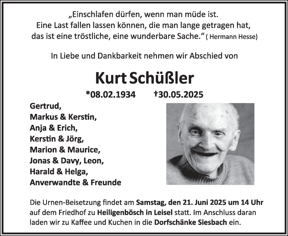  Traueranzeige für Kurt Schuller vom 14.06.2025 aus WochenSpiegel