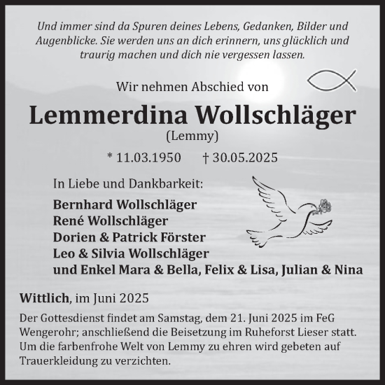 Traueranzeige von Lemmerdina Wollschläger von WochenSpiegel
