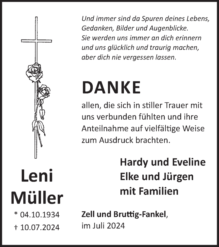  Traueranzeige für Leni Müller vom 31.07.2024 aus WochenSpiegel
