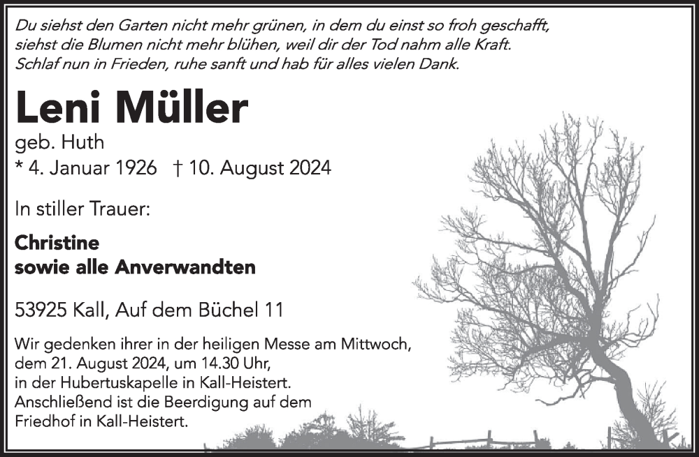  Traueranzeige für Leni Müller vom 14.08.2024 aus WochenSpiegel