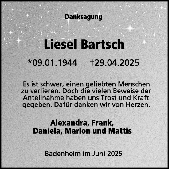 Traueranzeige von Liesel Bartsch von WochenSpiegel