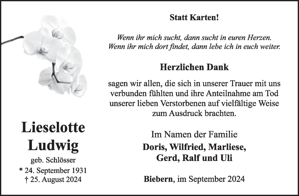  Traueranzeige für Lieselotte Ludwig vom 28.09.2024 aus WochenSpiegel