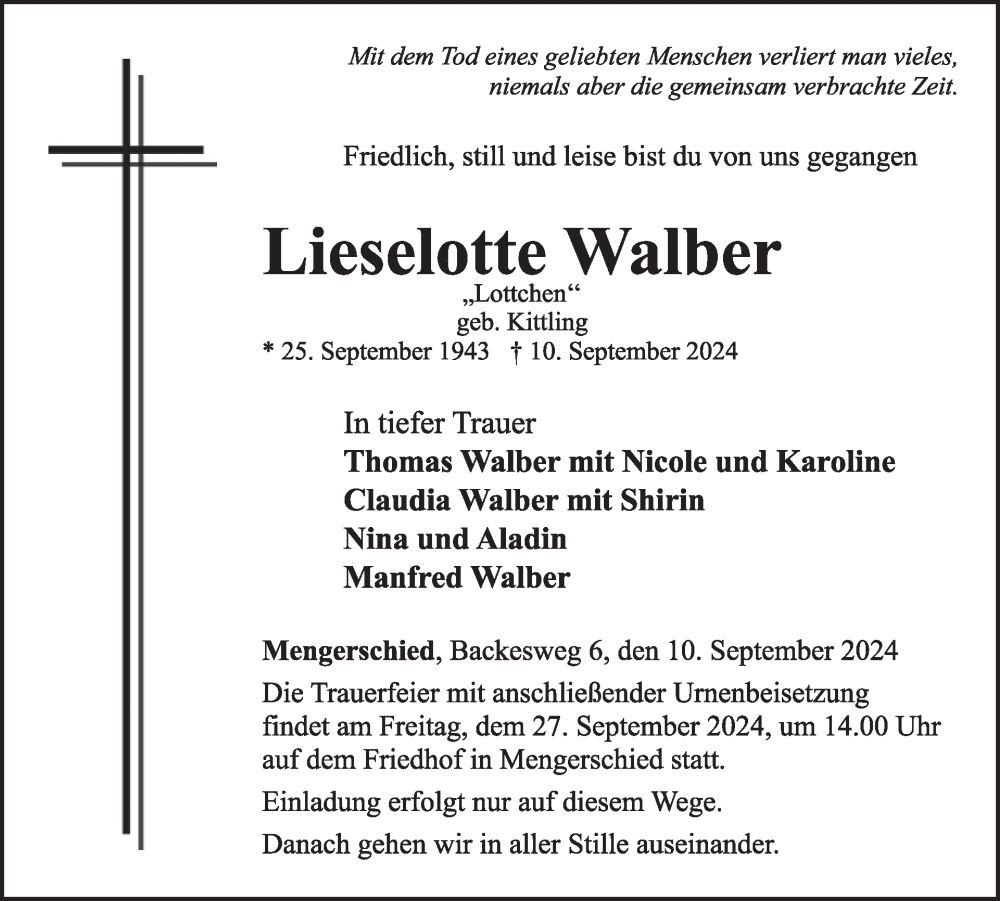  Traueranzeige für Lieselotte Walber vom 21.09.2024 aus WochenSpiegel