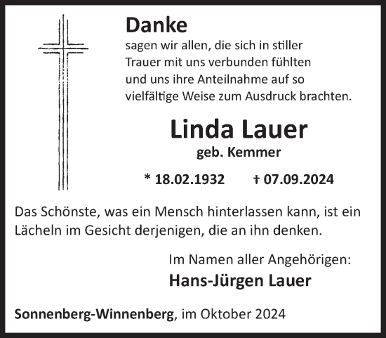 Traueranzeige von Linda Lauer von WochenSpiegel