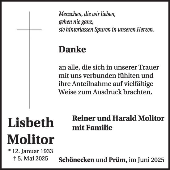 Traueranzeige von Lisbeth Molitor von WochenSpiegel