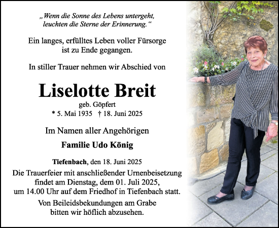 Traueranzeige von Liselotte Breit von WochenSpiegel