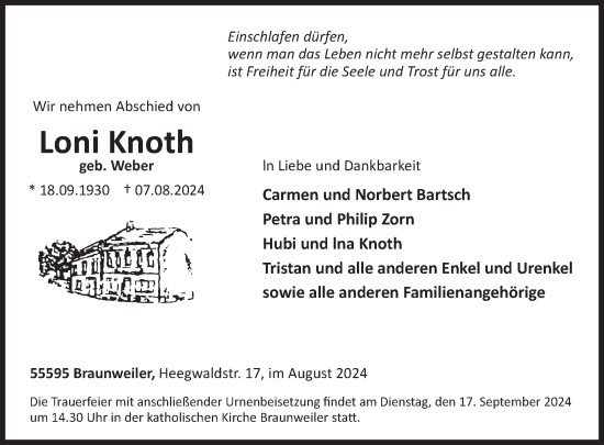 Traueranzeige von Loni Knoth von WochenSpiegel