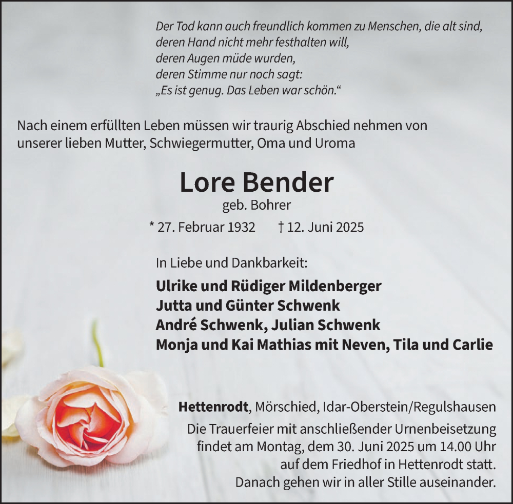  Traueranzeige für Lore Bender vom 21.06.2025 aus WochenSpiegel