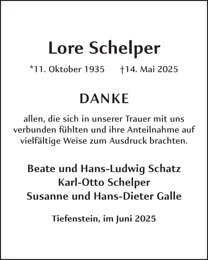  Traueranzeige für Lore Schelper vom 28.06.2025 aus WochenSpiegel