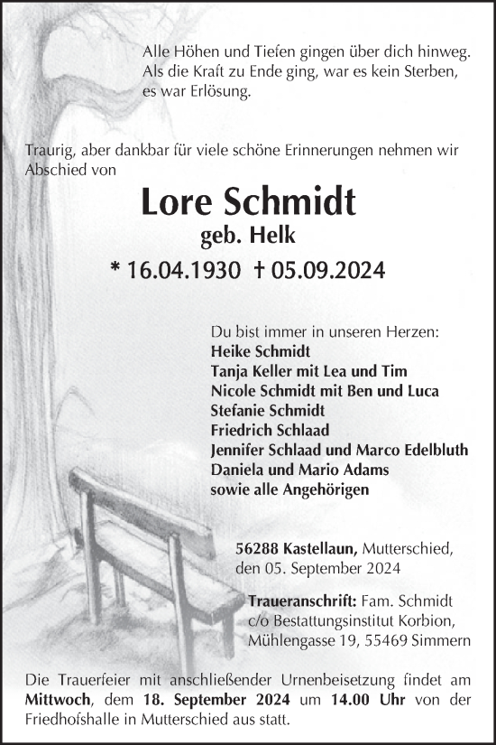 Traueranzeige von Lore Schmidt von WochenSpiegel