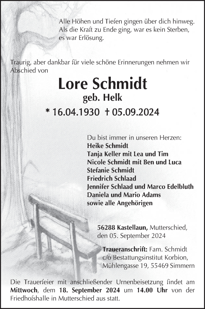  Traueranzeige für Lore Schmidt vom 14.09.2024 aus WochenSpiegel
