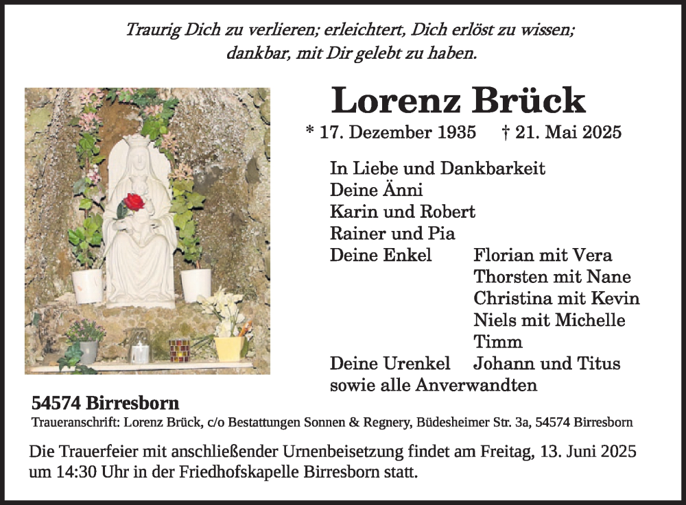  Traueranzeige für Lorenz Brück vom 07.06.2025 aus WochenSpiegel