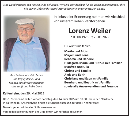 Traueranzeige von Lorenz Weiler von WochenSpiegel