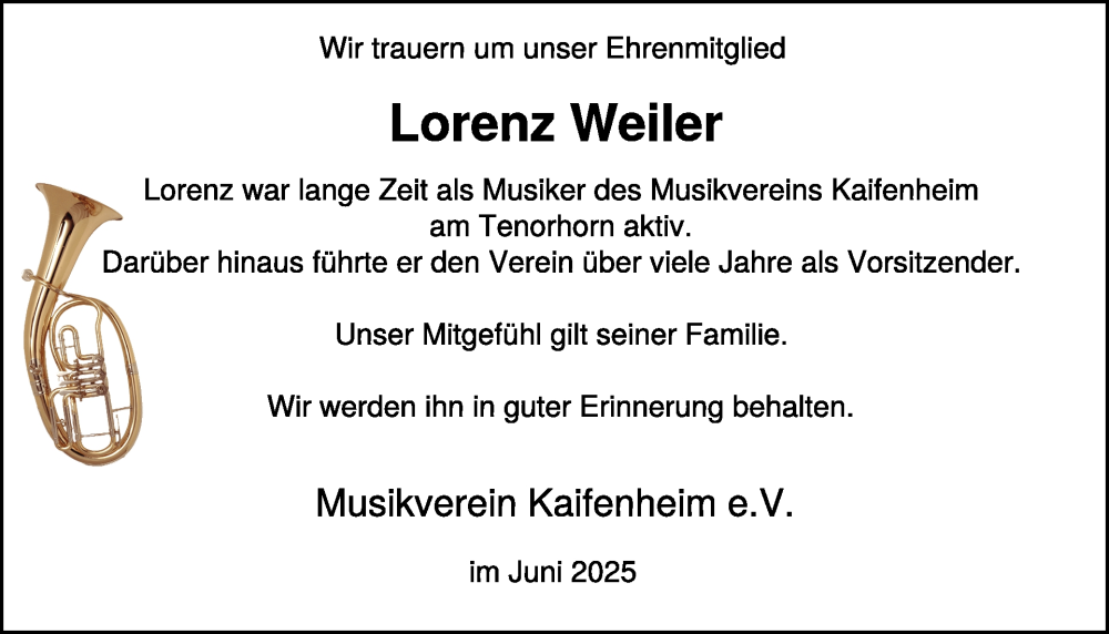  Traueranzeige für Lorenz Weiler vom 25.06.2025 aus WochenSpiegel