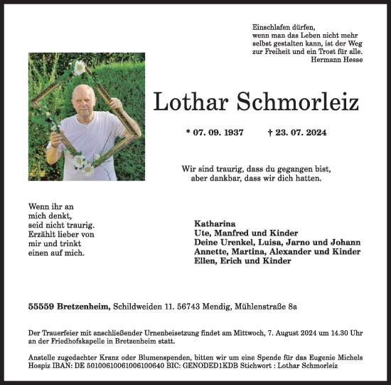 Traueranzeige von Lothar Schmorleiz von WochenSpiegel