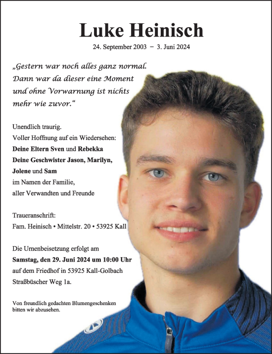 Traueranzeige von Luke Heinisch von WochenSpiegel