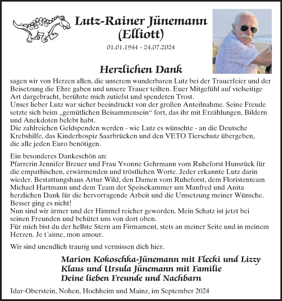  Traueranzeige für Lutz-Rainer Jünemann vom 14.09.2024 aus WochenSpiegel