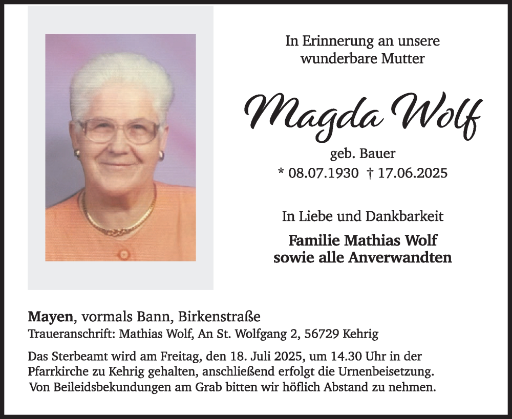  Traueranzeige für Magda Wolf vom 25.06.2025 aus WochenSpiegel