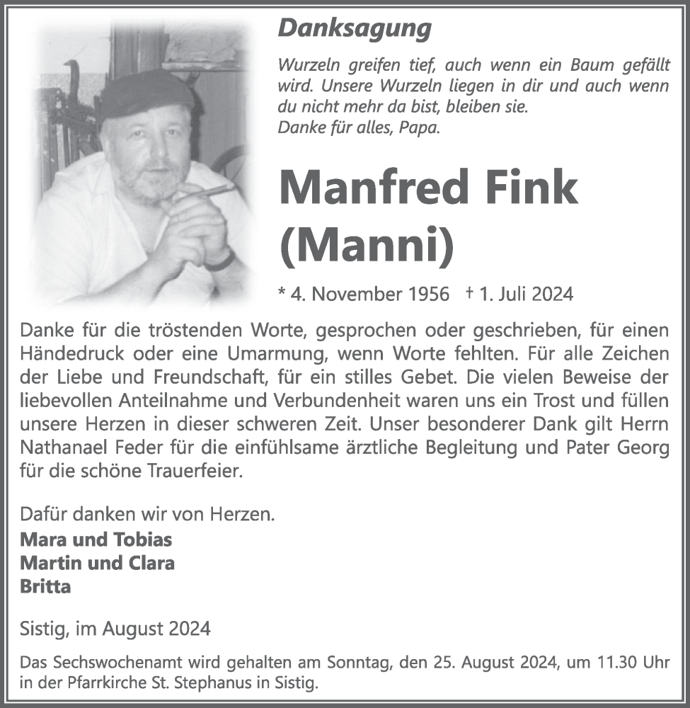  Traueranzeige für Manfred Fink vom 21.08.2024 aus WochenSpiegel