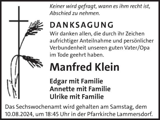 Traueranzeige von Manfred Klein von WochenSpiegel
