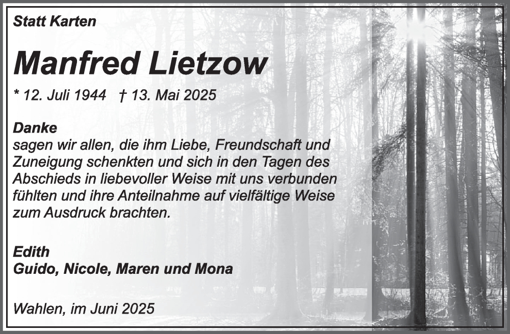  Traueranzeige für Manfred Lietzow vom 25.06.2025 aus WochenSpiegel