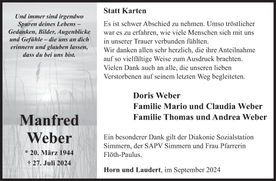 Traueranzeige von Manfred Weber von WochenSpiegel