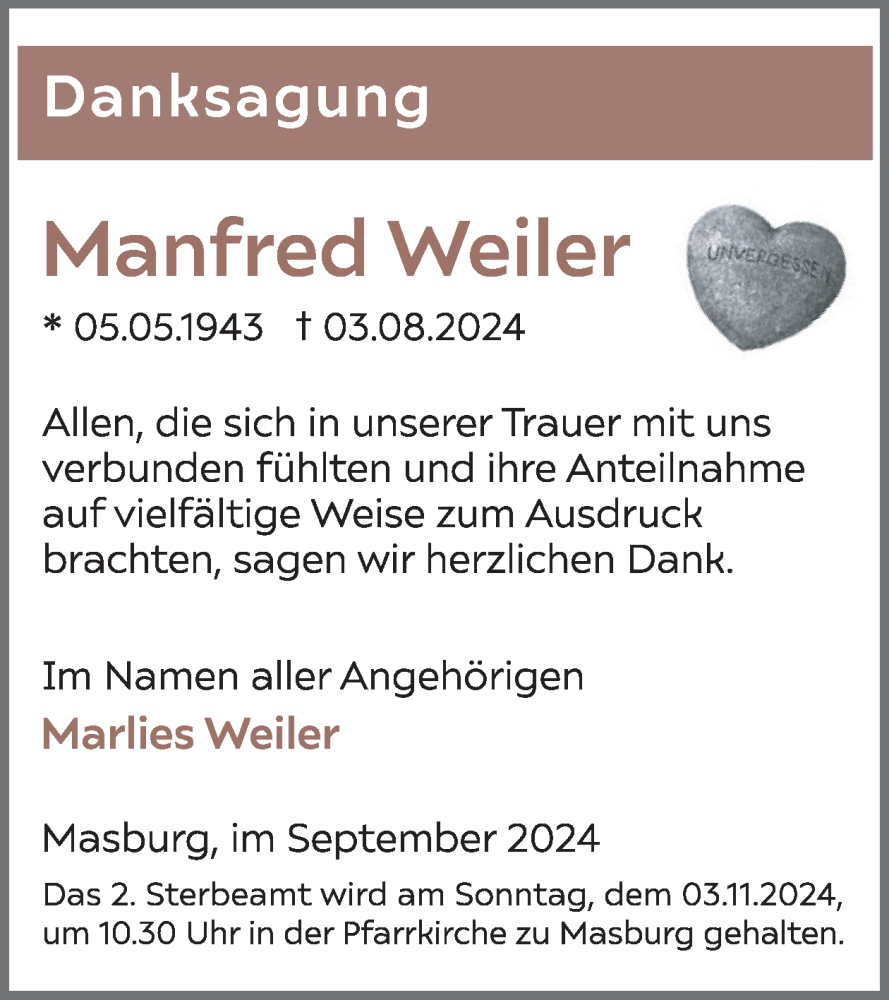  Traueranzeige für Manfred Weiler vom 18.09.2024 aus WochenSpiegel
