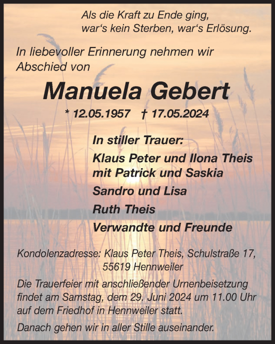 Traueranzeige von Manuela Gebert von WochenSpiegel